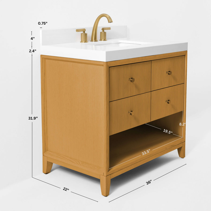 Momo bathroom vanity collection in Sienna finish featuring quartz countertop and gold-finished knobs, dimensions provided.