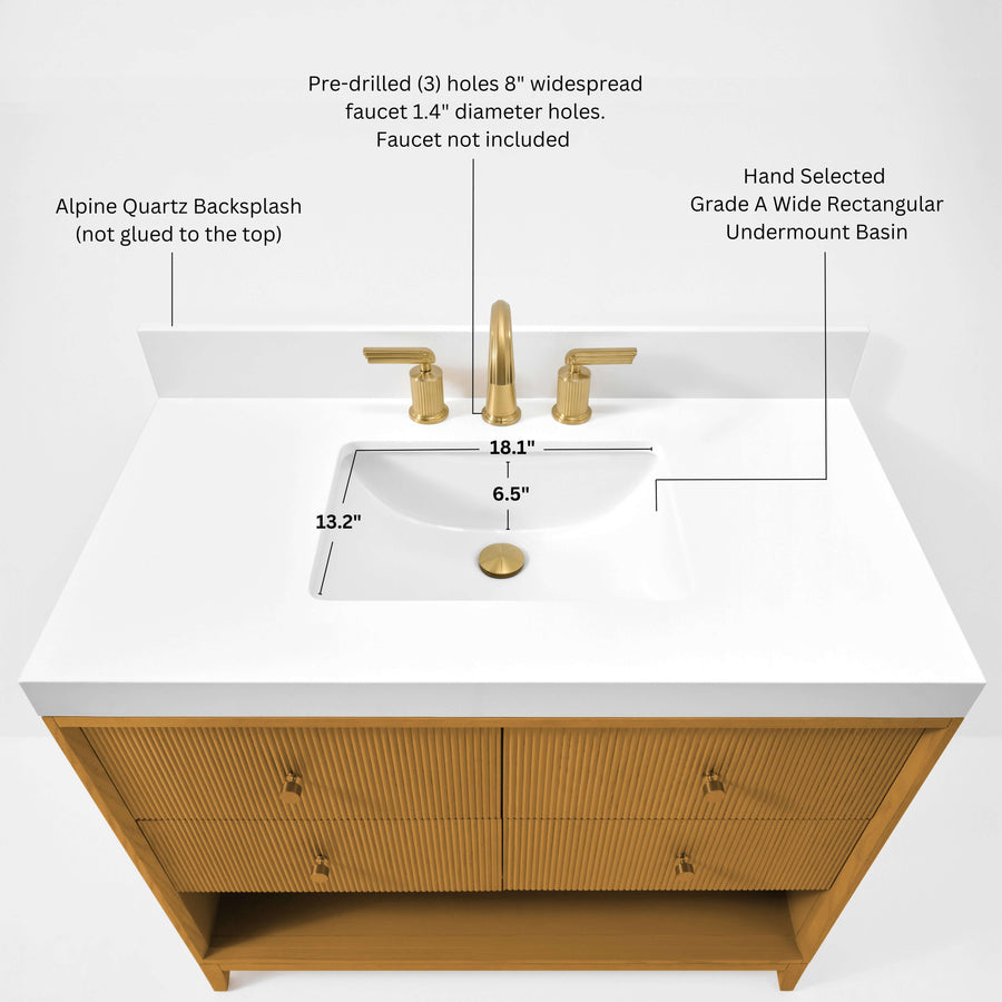Momo bathroom vanity collection top view with alpine quartz backsplash and faucet specifications.
