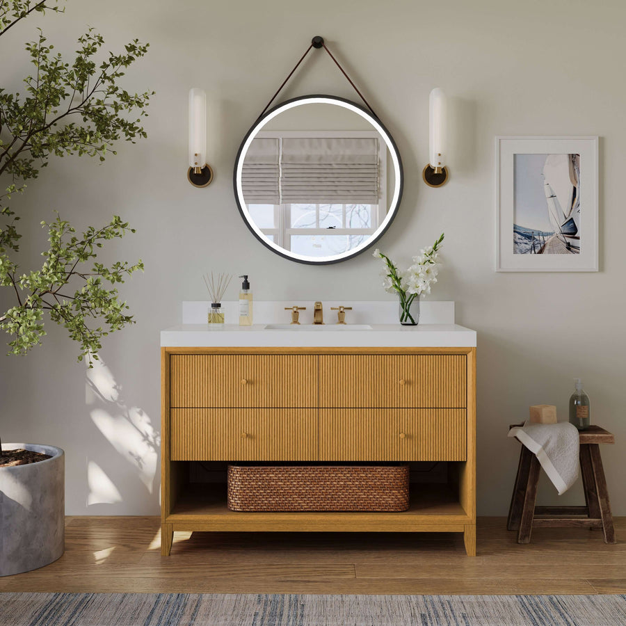 Momo bathroom vanity collection in Sienna finish, featuring sleek design and white quartz countertop.