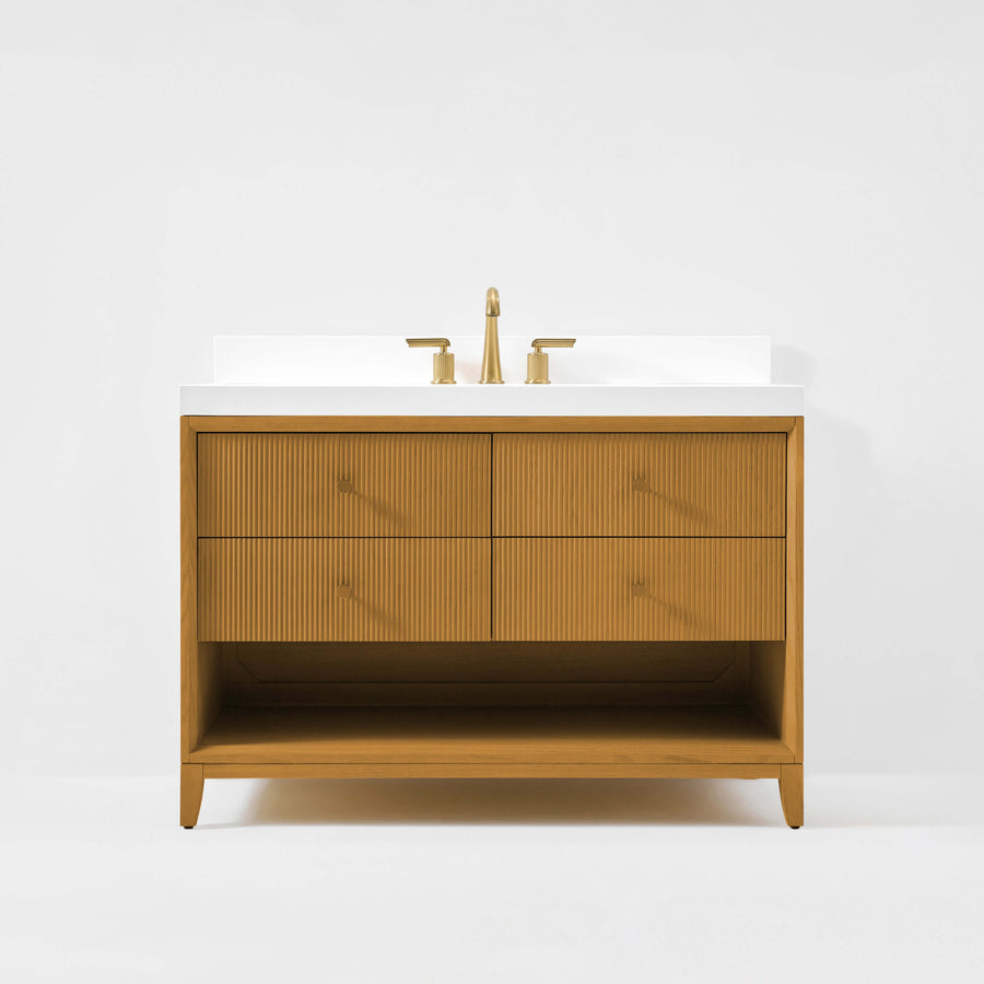 Momo bathroom vanity collection in Sienna finish with quartz countertop and gold knobs, modern elegant design.