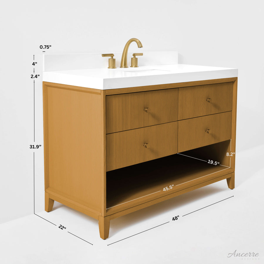Momo bathroom vanity collection in Sienna finish with gold-finished knobs and white quartz countertop, dimensions provided.