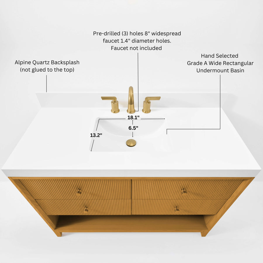 Momo bathroom vanity collection countertop with Alpine Quartz backsplash and gold faucet holes.
