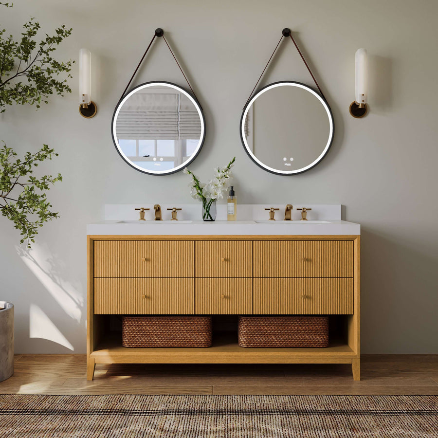 Momo bathroom vanity collection in Sienna finish featuring spacious drawers and a white quartz countertop.