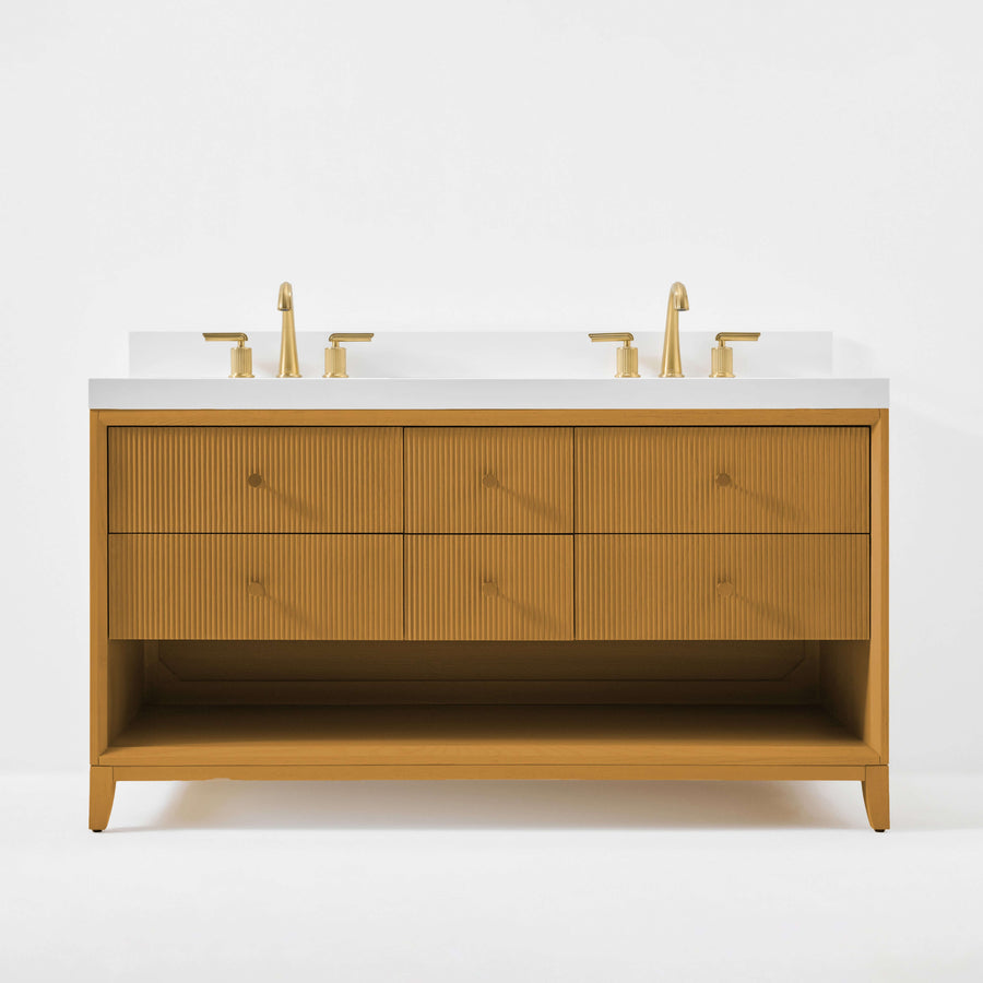 Momo bathroom vanity collection in Sienna finish with white quartz top and gold knobs.