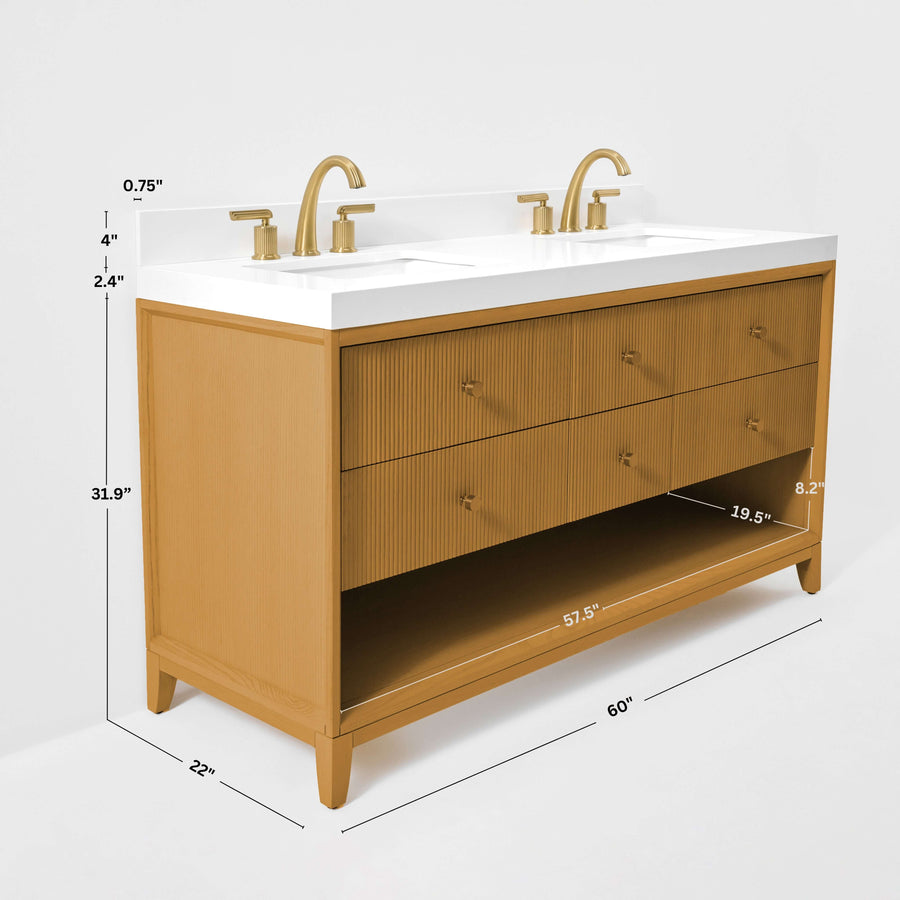 Momo bathroom vanity collection with Sienna finish featuring gold fixtures and spacious drawers, dimensions included.