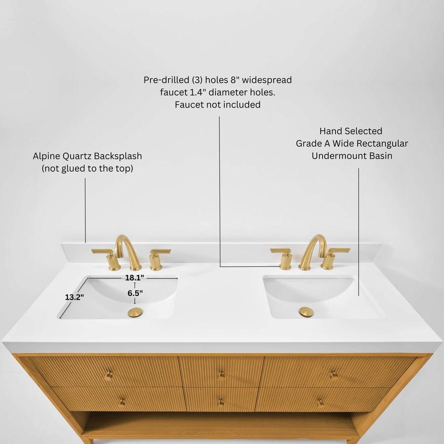 Momo bathroom vanity collection with Alpine Quartz Backsplash and dual under-mount sinks in Sienna finish.