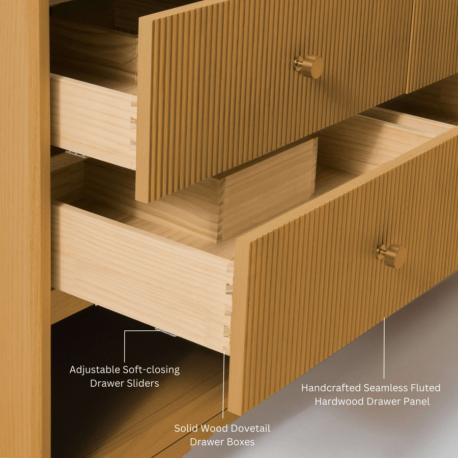 Close-up of Momo bathroom vanity collection drawer details, featuring adjustable soft-closing sliders and dovetail boxes.