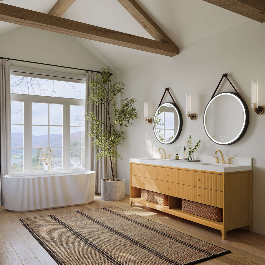 Momo bathroom vanity collection in Sienna finish with elegant design and spacious storage in a luxurious bathroom setting.