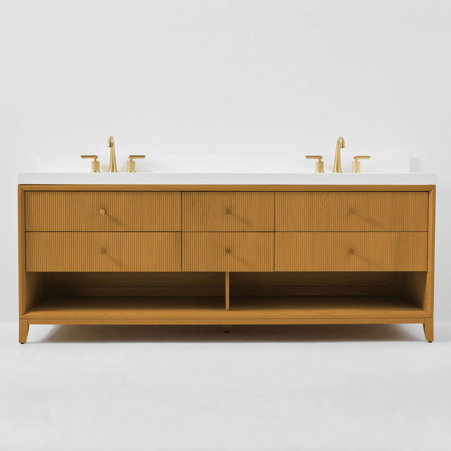Momo bathroom vanity collection in Sienna finish with white quartz countertop and gold knobs.