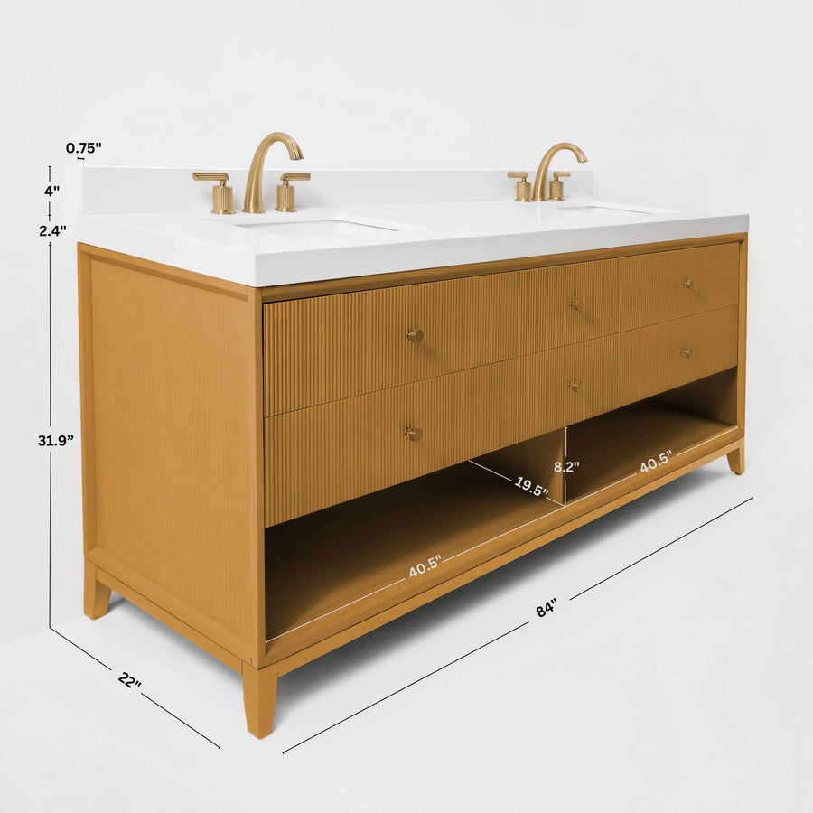 Momo bathroom vanity collection with spacious drawers, white quartz countertop, and gold-finished knobs, side view with measurements.