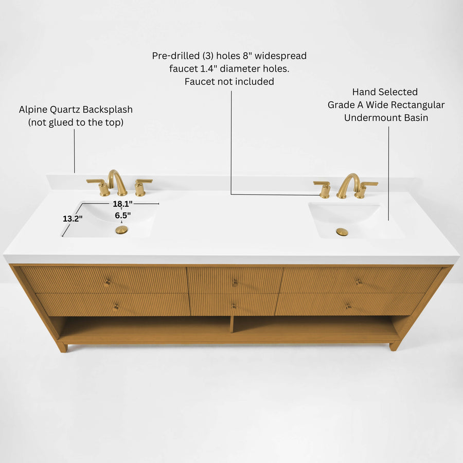 Momo bathroom vanity collection features alpine quartz backsplash and gold-finished fixtures on a spacious white countertop.