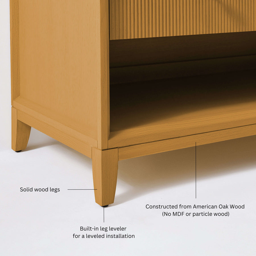 Momo bathroom vanity collection featuring solid wood legs and built-in leg leveler for stable installation.