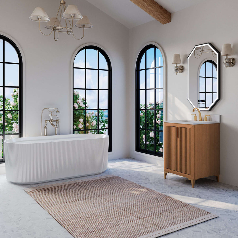 Turlington Bathroom Vanity Collection in Sienna Finish with White Quartz countertop in modern bathroom setting.