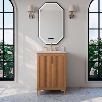 Turlington Bathroom Vanity Collection in Sienna Finish with White Quartz countertop and gold-toned hardware.