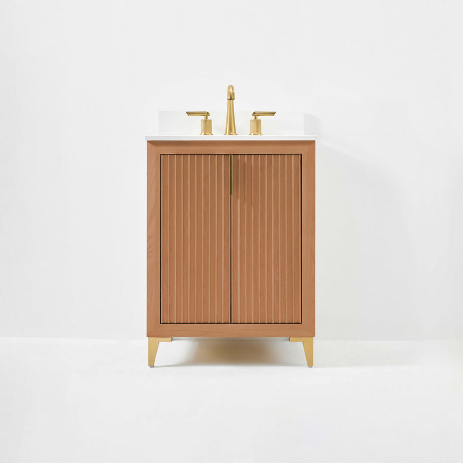 Turlington bathroom vanity in Sienna finish with white quartz countertop and gold-toned hardware.