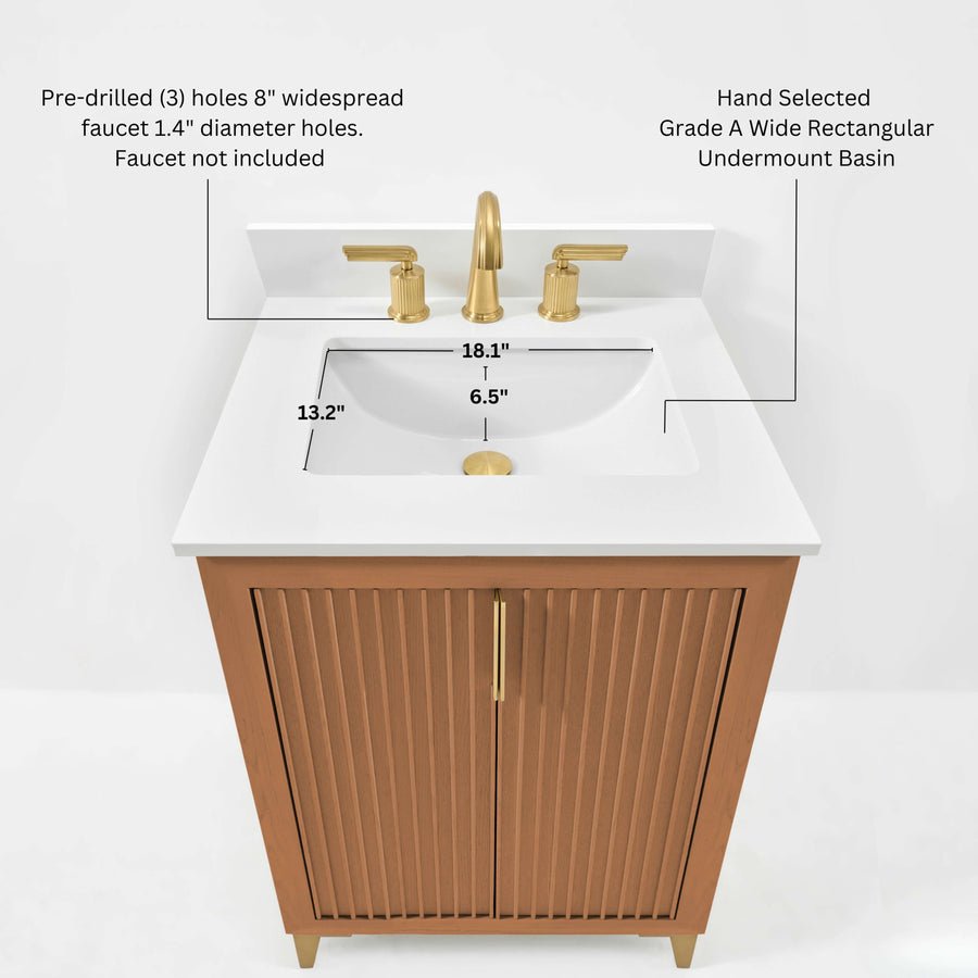 Turlington bathroom vanity with White Quartz countertop and gold-toned hardware, showcasing oak finish and slat detailing.