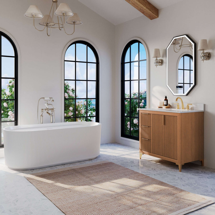 Stylish Turlington bathroom vanity with White Quartz countertop and oak finish, enhancing a modern bath design.