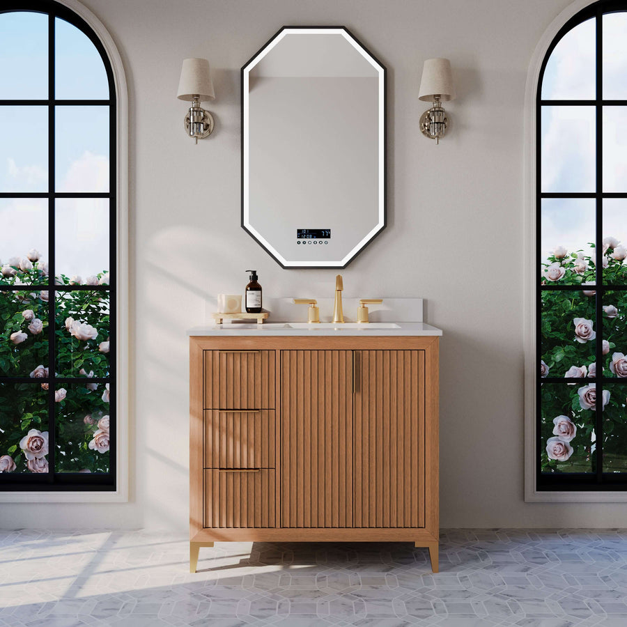 Turlington bathroom vanity in Sienna finish with White Quartz countertop and vertical slat detailing.