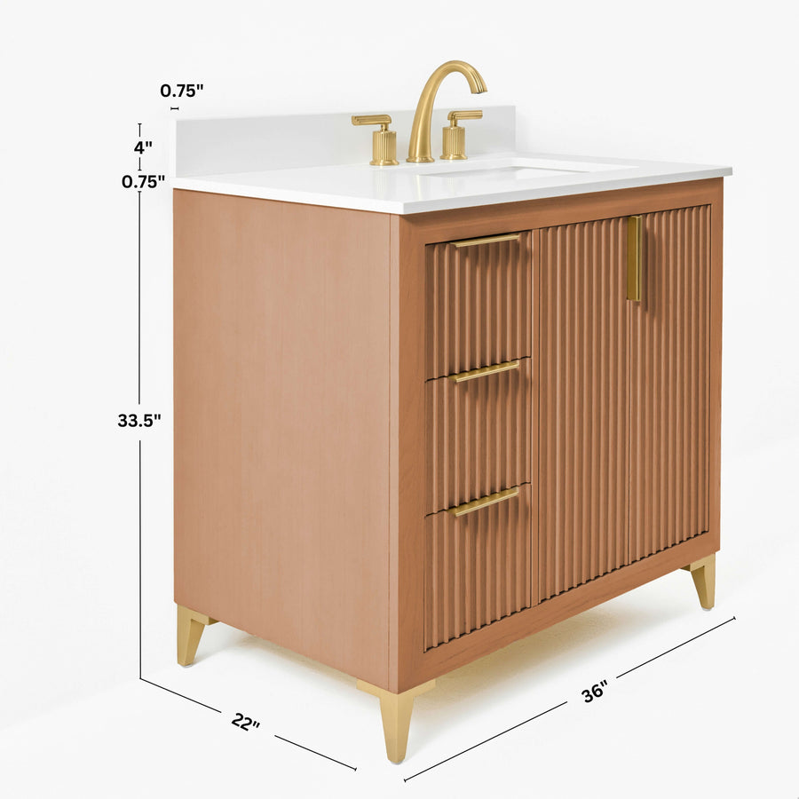 Turlington Bathroom Vanity Collection in Sienna Finish with White Quartz countertop and gold hardware, dimensions 36