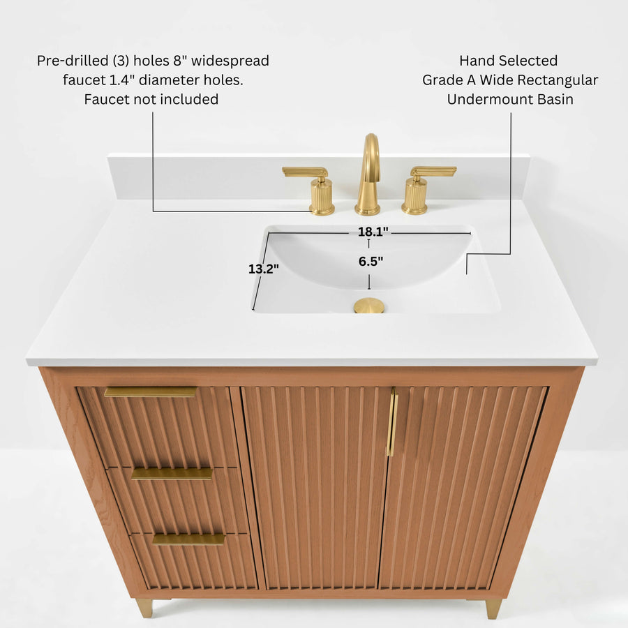 Turlington Bathroom Vanity with White Quartz countertop and gold-toned hardware, showcasing classic design and modern functionality.
