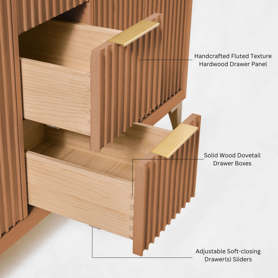 Interior view of Turlington bathroom vanity showcasing handcrafted fluted hardwood drawers and elegant gold hardware.