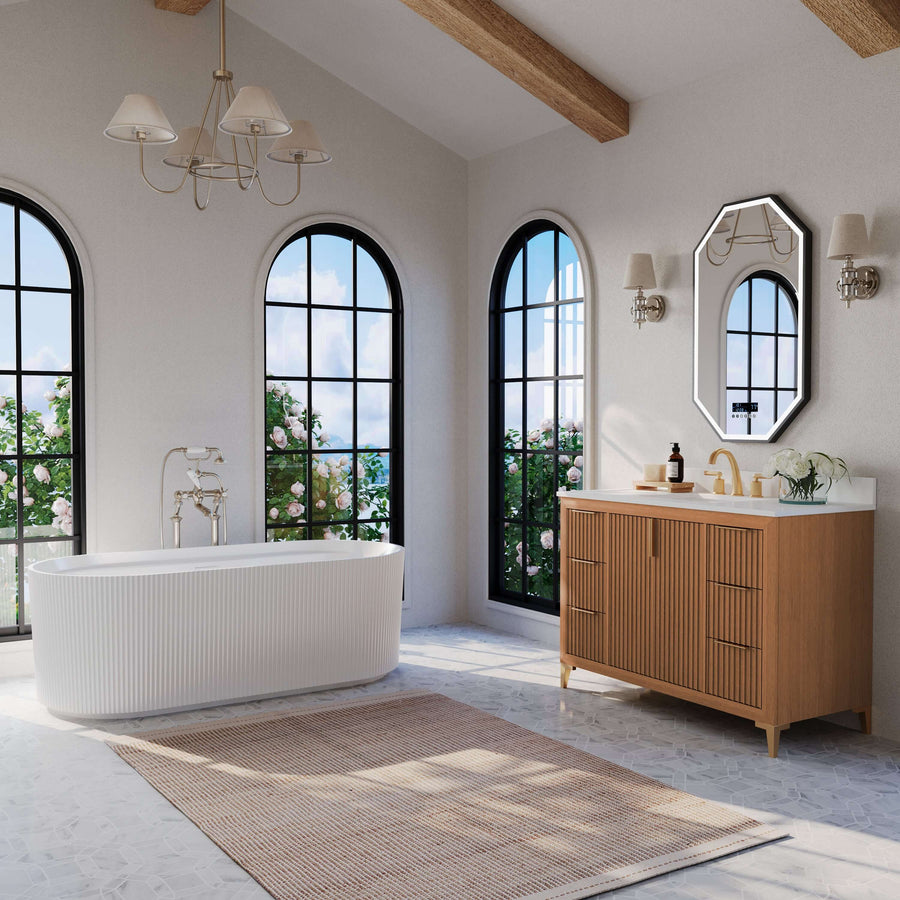 Turlington Bathroom Vanity Collection in Sienna Finish paired with a freestanding bathtub in a modern bathroom.