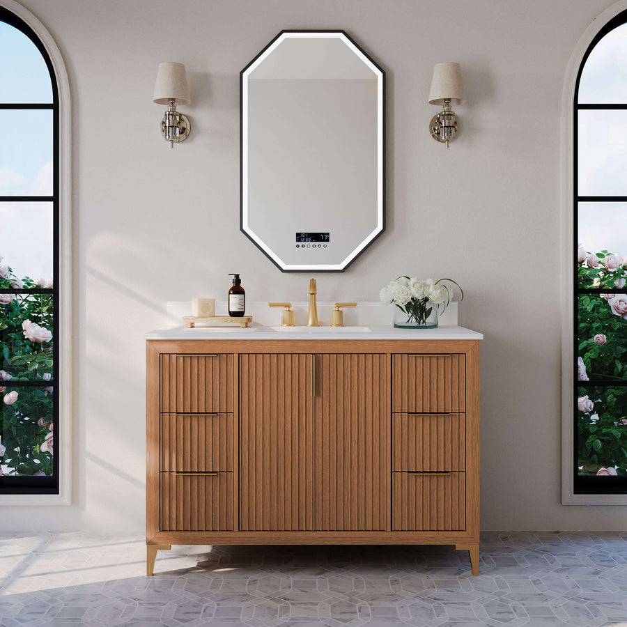 Turlington Bathroom Vanity Collection in Sienna Finish with White Quartz countertop and modern design.