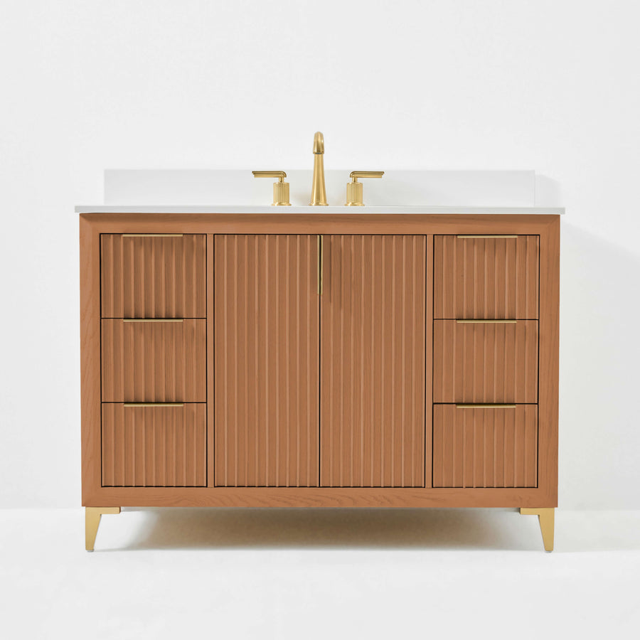 Turlington Bathroom Vanity in Sienna Finish with White Quartz countertop and gold-toned hardware.