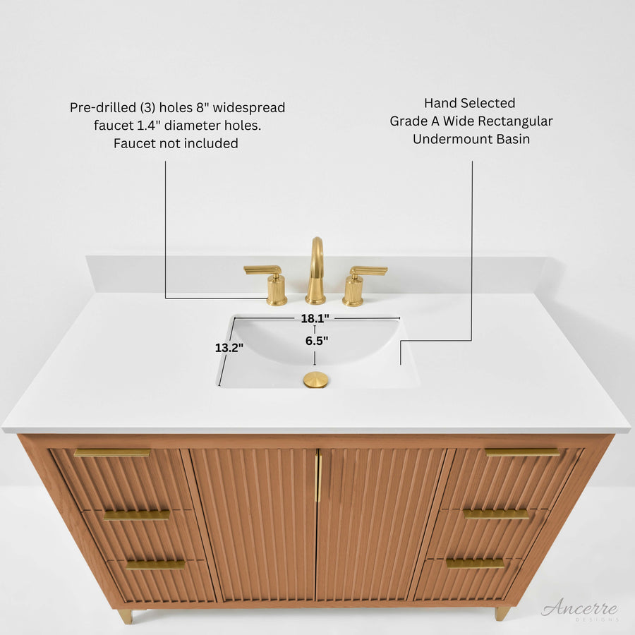 Top view of Turlington bathroom vanity showcasing white quartz countertop and gold-toned faucet holes.