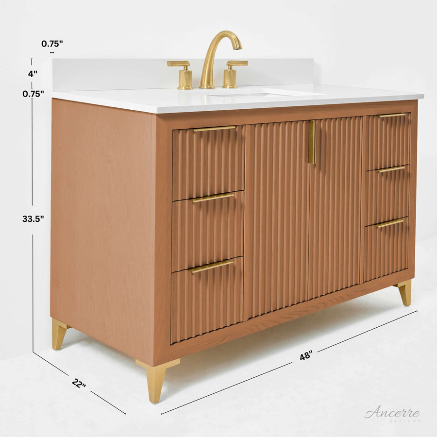 Turlington bathroom vanity in Sienna finish with white quartz countertop and gold hardware, showcasing modern elegance.