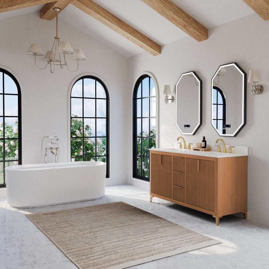 Turlington Bathroom Vanity Collection in Sienna Finish with White Quartz countertop in modern bathroom setting.