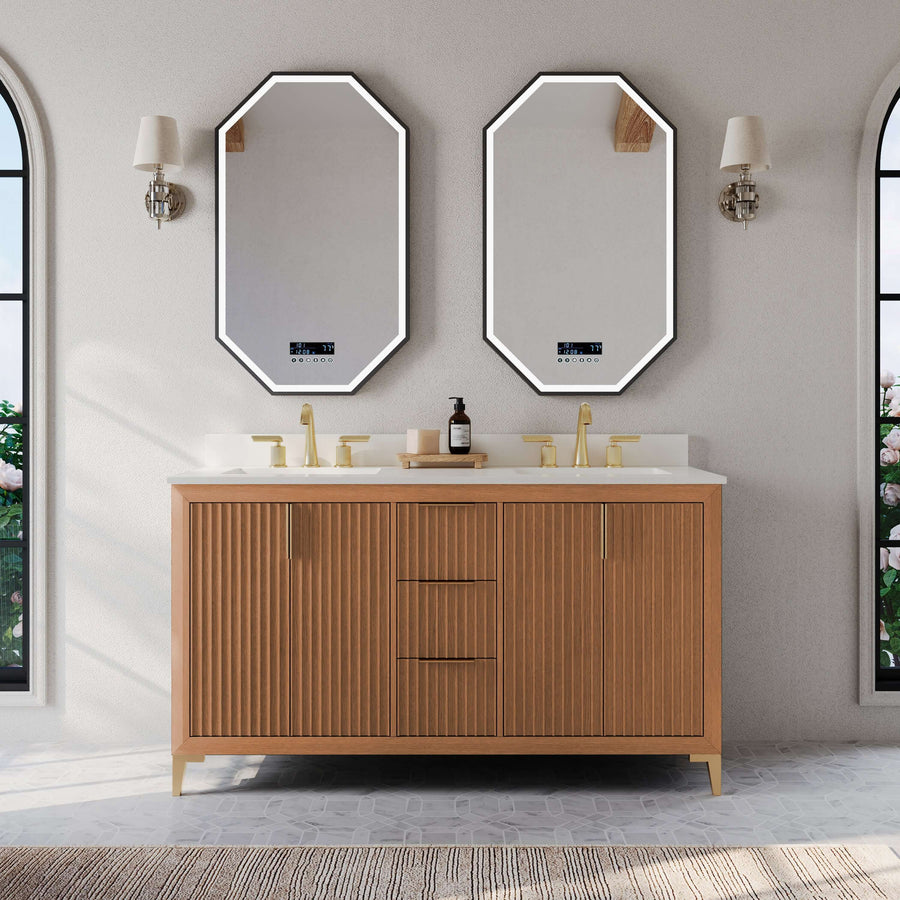 Turlington Bathroom Vanity Collection in Sienna Finish with White Quartz countertop and gold-toned hardware, perfect bathroom vanity.