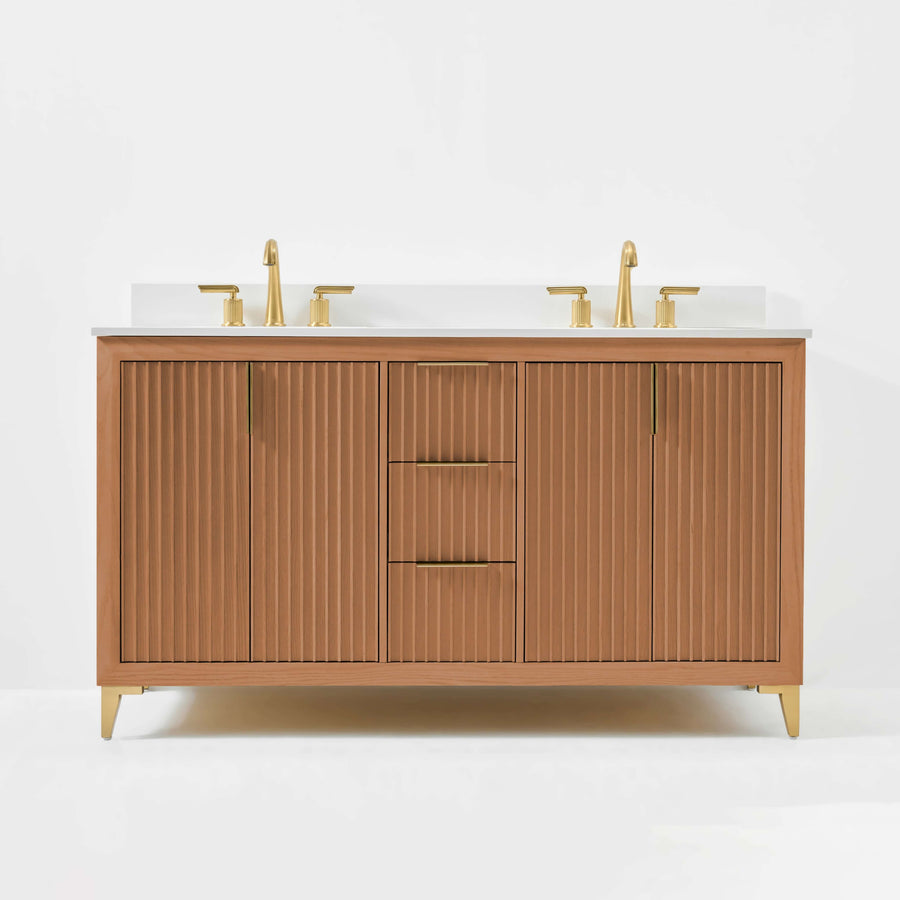 Turlington Bathroom Vanity Collection in Sienna Finish with White Quartz countertop and gold-toned hardware.