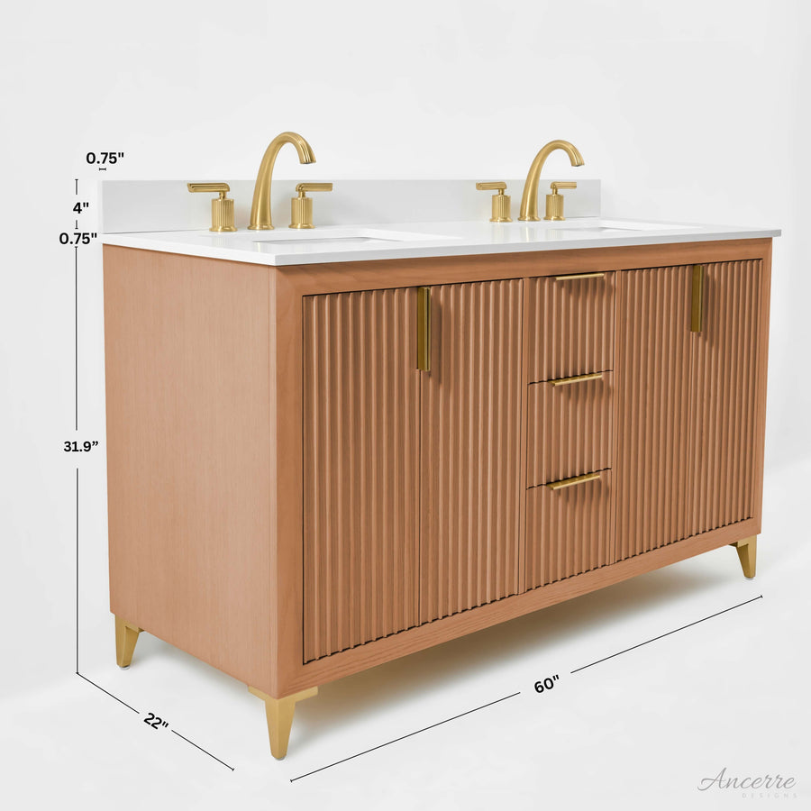 Turlington bathroom vanity in Sienna finish with white quartz countertop and gold-toned hardware.