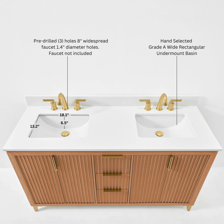 Turlington Bathroom Vanity with White Quartz countertop and oak finish, featuring pre-drilled holes for faucet.