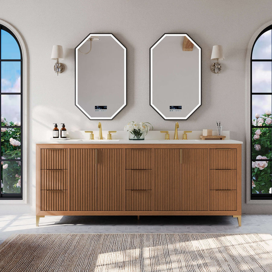 Turlington Bathroom Vanity Collection in Sienna Finish featuring White Quartz countertop and elegant mirrors.