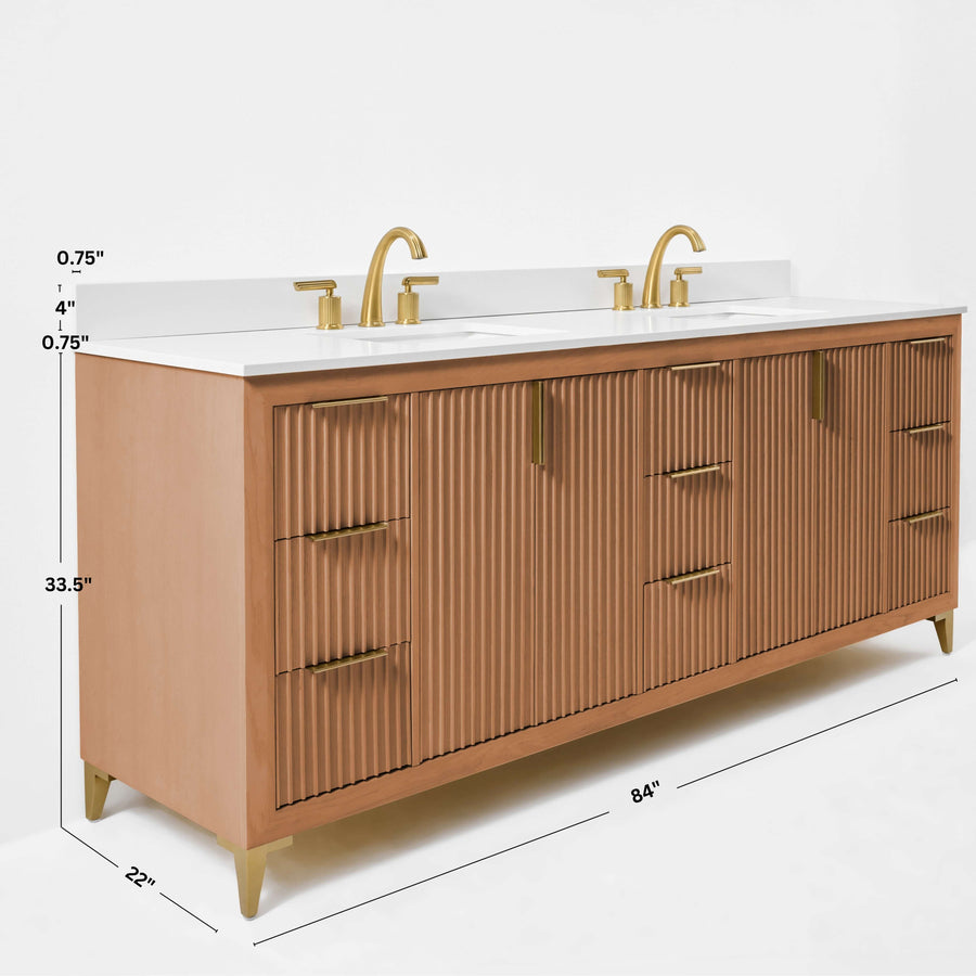 Turlington Bathroom Vanity in Sienna Finish with White Quartz countertop and gold-toned hardware.