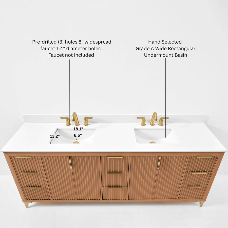 Turlington bathroom vanity features elegant oak finish, White Quartz countertop, and gold-toned hardware.