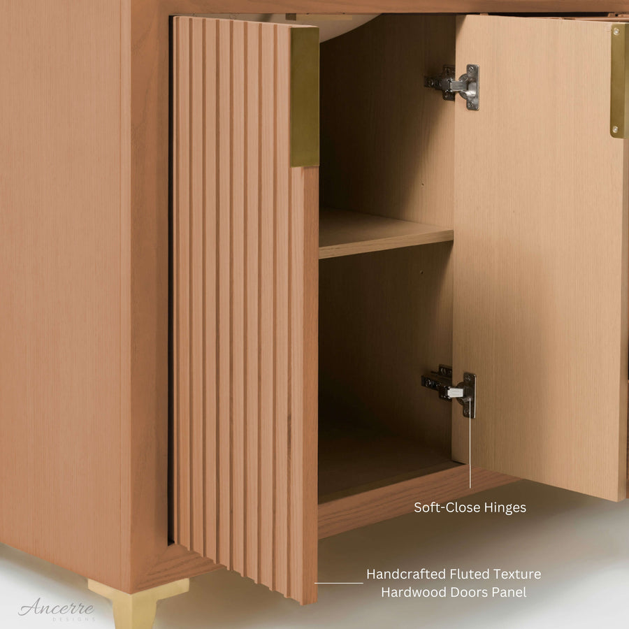 Interior view of Turlington bathroom vanity showing soft-close hinges and handcrafted fluted texture on hardwood doors.