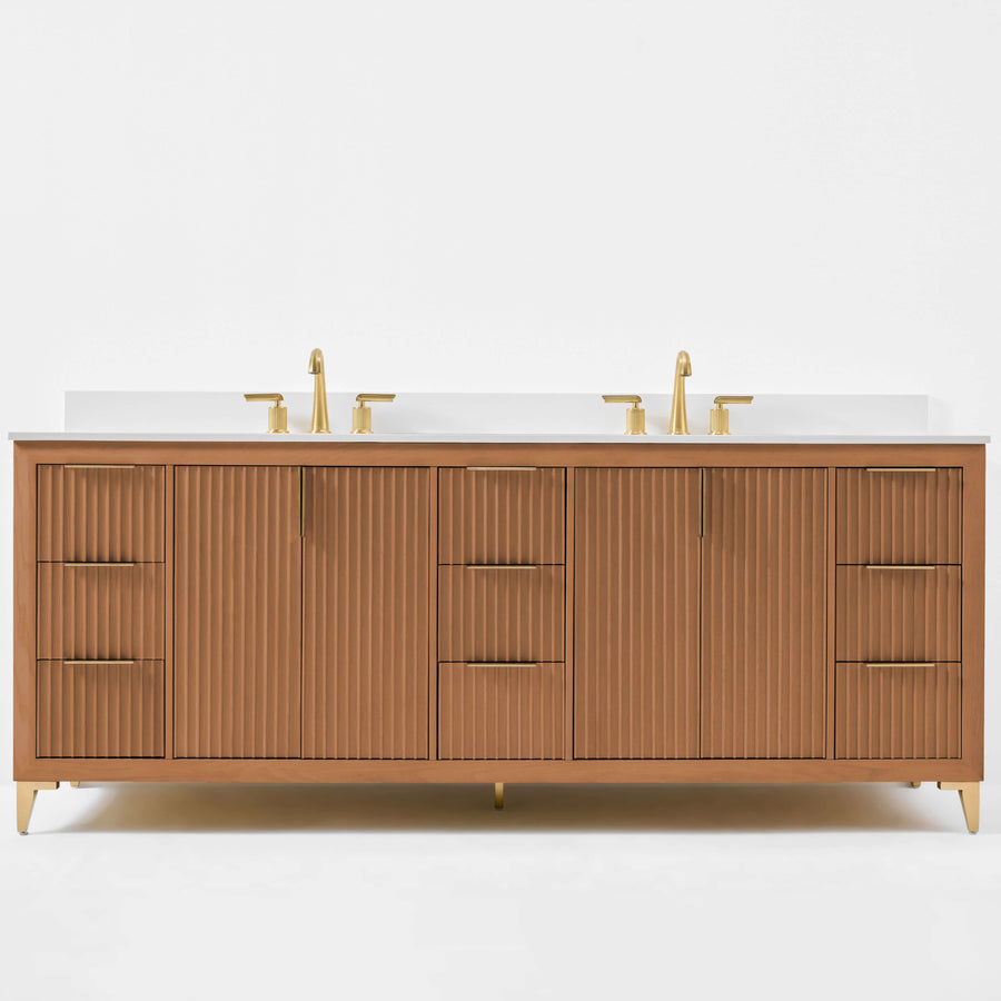 Turlington Bathroom Vanity in Sienna Finish with White Quartz countertop and gold-toned hardware.