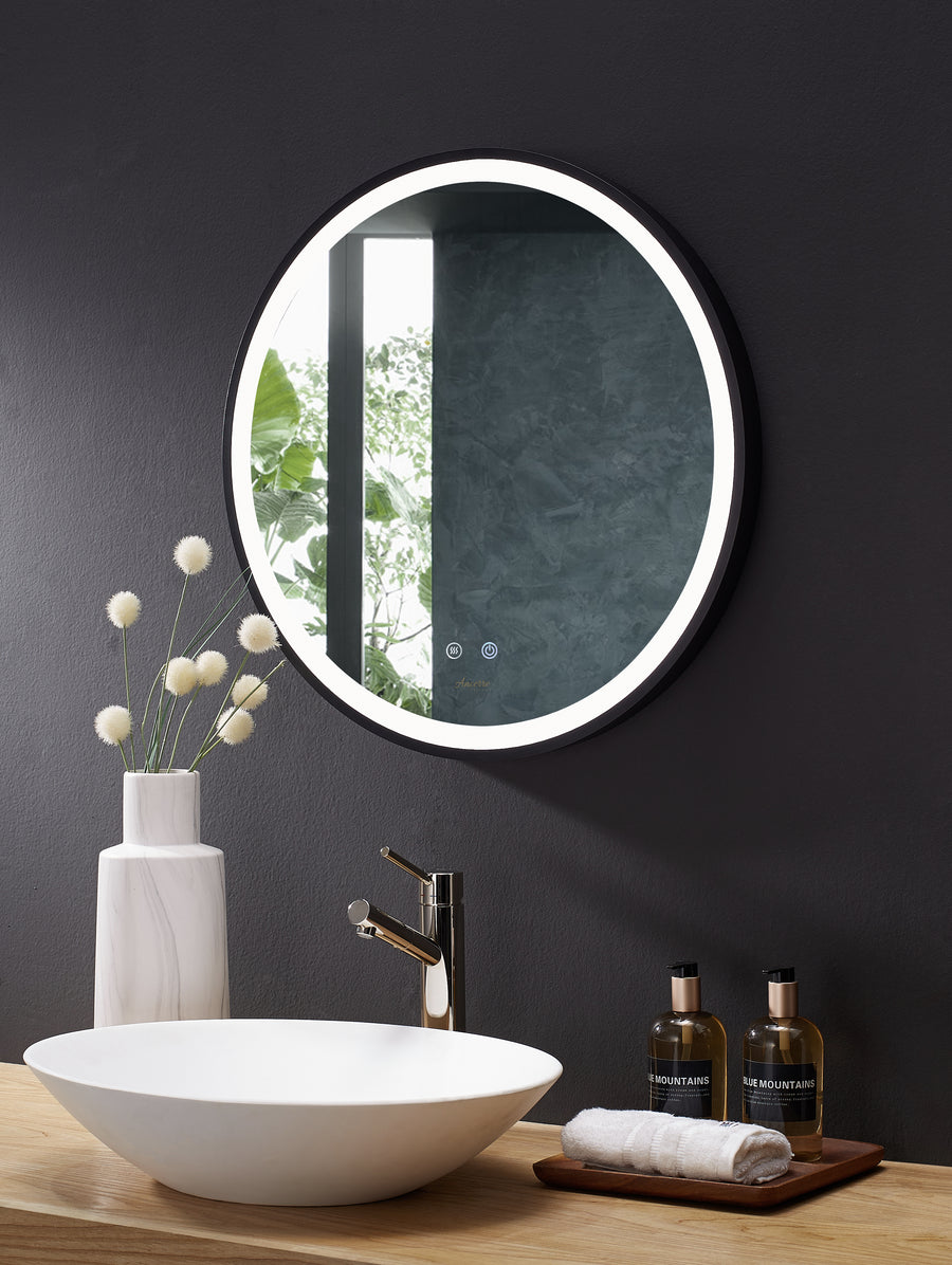 Cirque Round LED Lighted Bathroom Vanity Black Framed Mirror - Ancerre Designs 24 inch. No Bluetooth