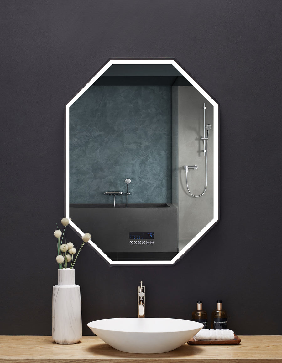 Otto LED Octagon Black Framed Lighted Bathroom Vanity Mirror with Bluetooth and Digital Display - Ancerre Designs 30 inch.