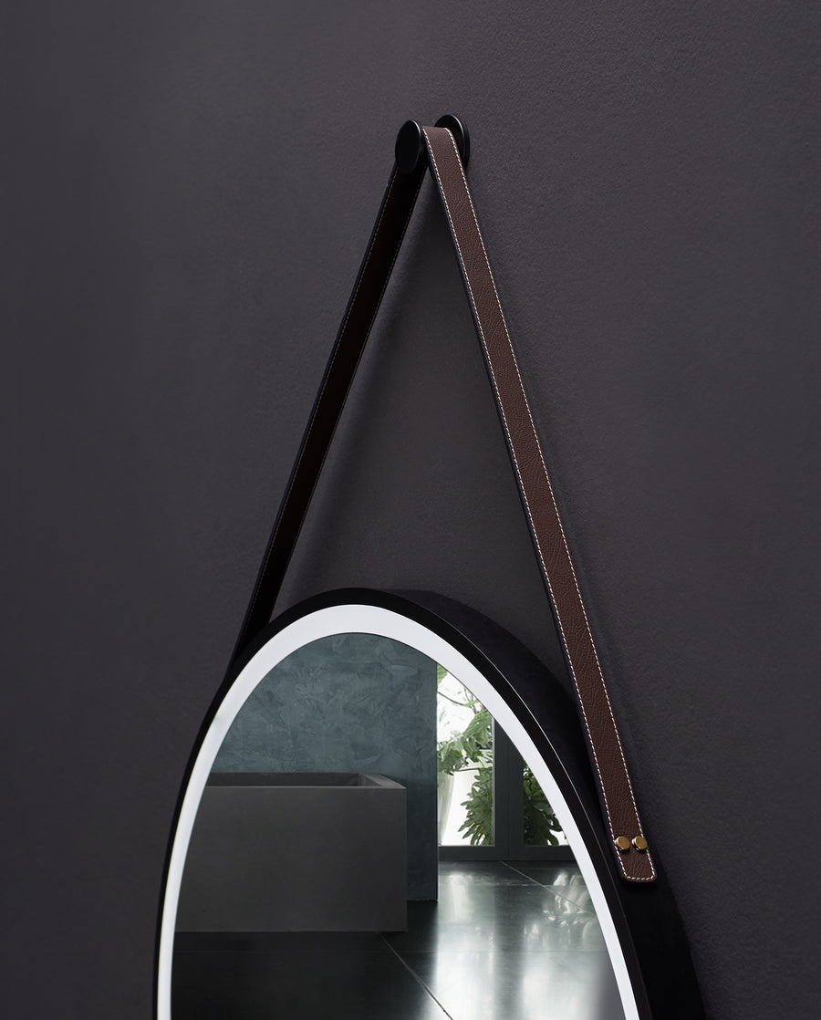Sangle Round LED Mirror Black Framed Lighted Bathroom Vanity Mirror and Vegan Leather Strap - Ancerre Designs 24 inch.