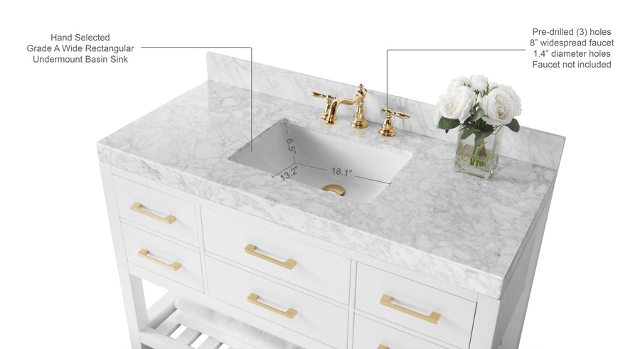 Elizabeth Bathroom Vanity Cabinet Set Collection - Ancerre Designs 48 inch | Single Sink White Brushed Gold