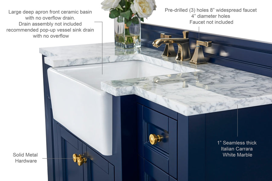 Adeline Bathroom Vanity with Farmhouse Sink  - Ancerre Designs 48 inch | Single Sink Heritage Blue