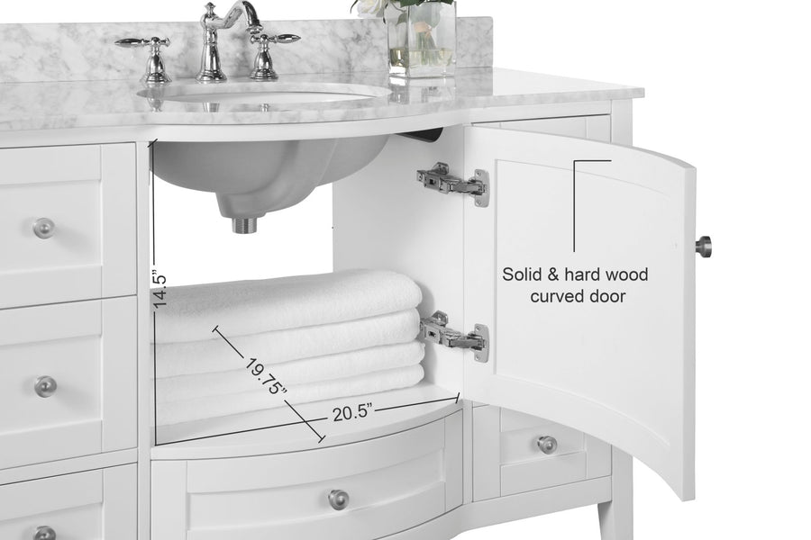 Lauren Bathroom Vanity with Sink and Carrara White Marble Top Cabinet Set - Ancerre Designs Brushed Nickel 48 inch. | Single Sink