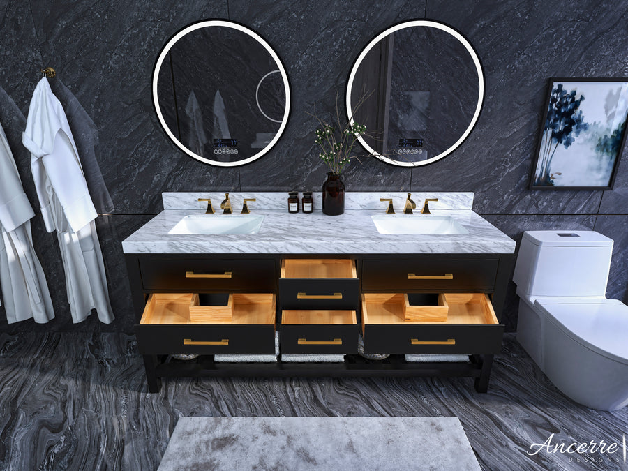 Elizabeth Bathroom Vanity Cabinet Set Collection - Ancerre Designs 72 inch | Double Sink Black Onyx Brushed Gold