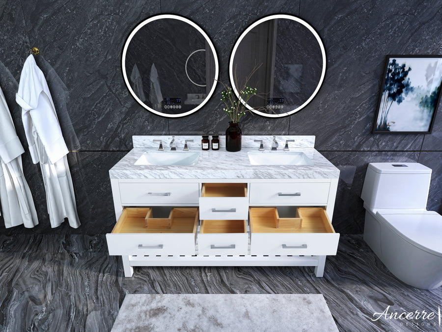 Elizabeth Bathroom Vanity Cabinet Set Collection - Ancerre Designs 60 inch | Double Sink White Brushed Nickel