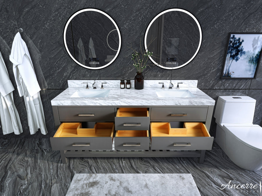 Elizabeth Bathroom Vanity Cabinet Set Collection - Ancerre Designs 72 inch | Double Sink Sapphire Gray Brushed Nickel